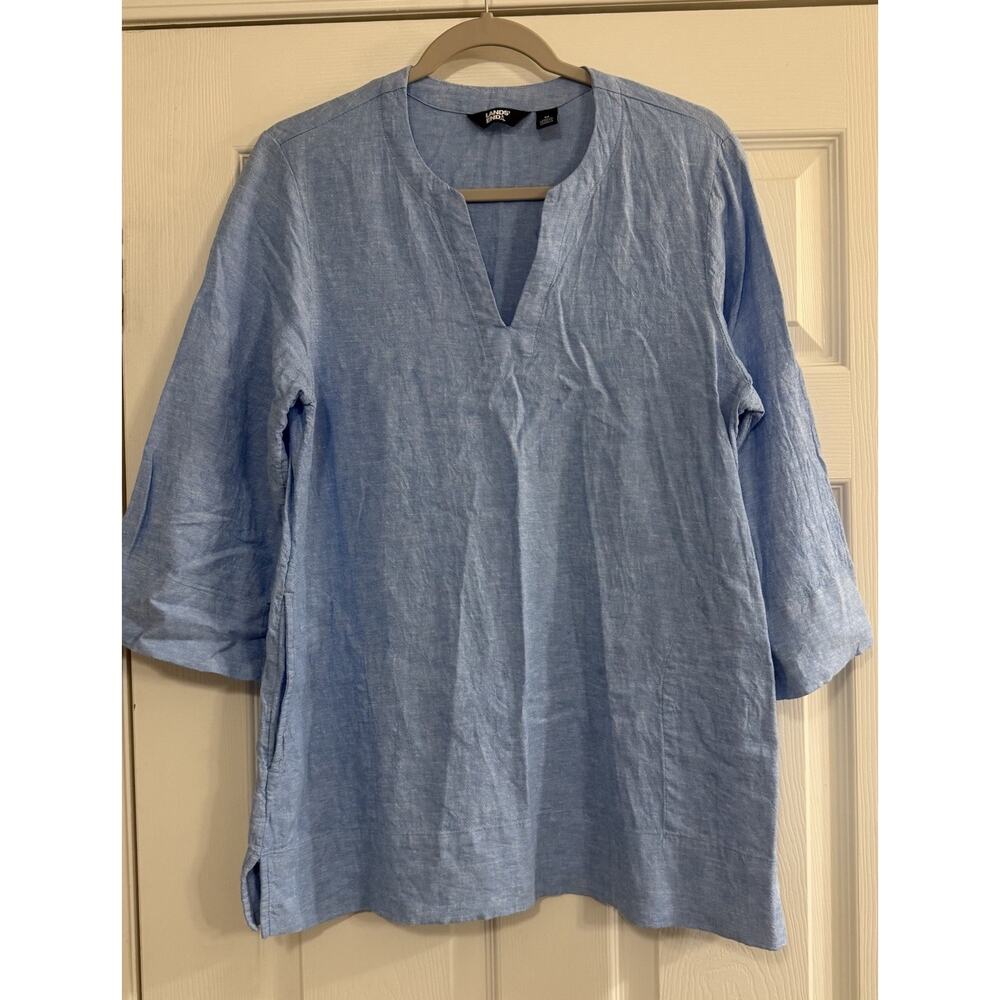 Lands' End Linen Blend Tunic‎ Top MED Blue Pockets 3/4 Sleeve Lagenlook Coastal